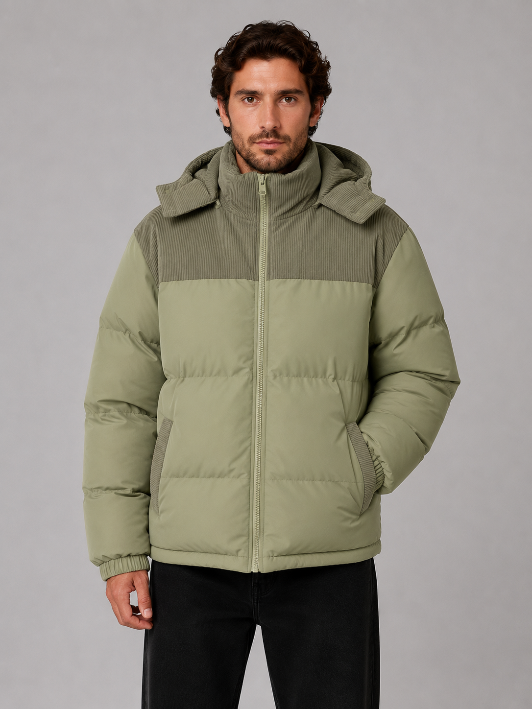 Men's Hooded Corduroy Puffer Jacket – Warm Quilted Winter Coat