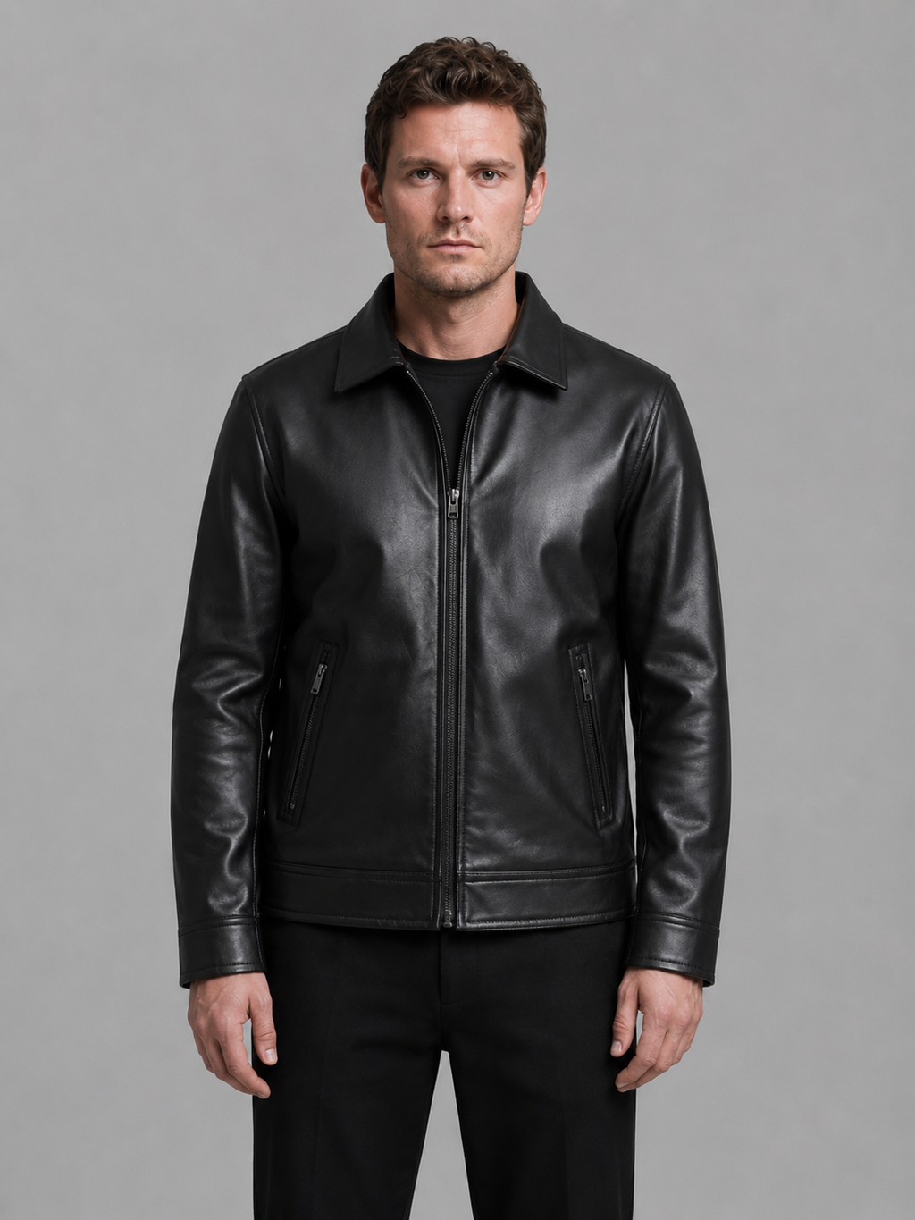Men's Leather Look Jacket with Zip Pockets – Classic Regular Fit