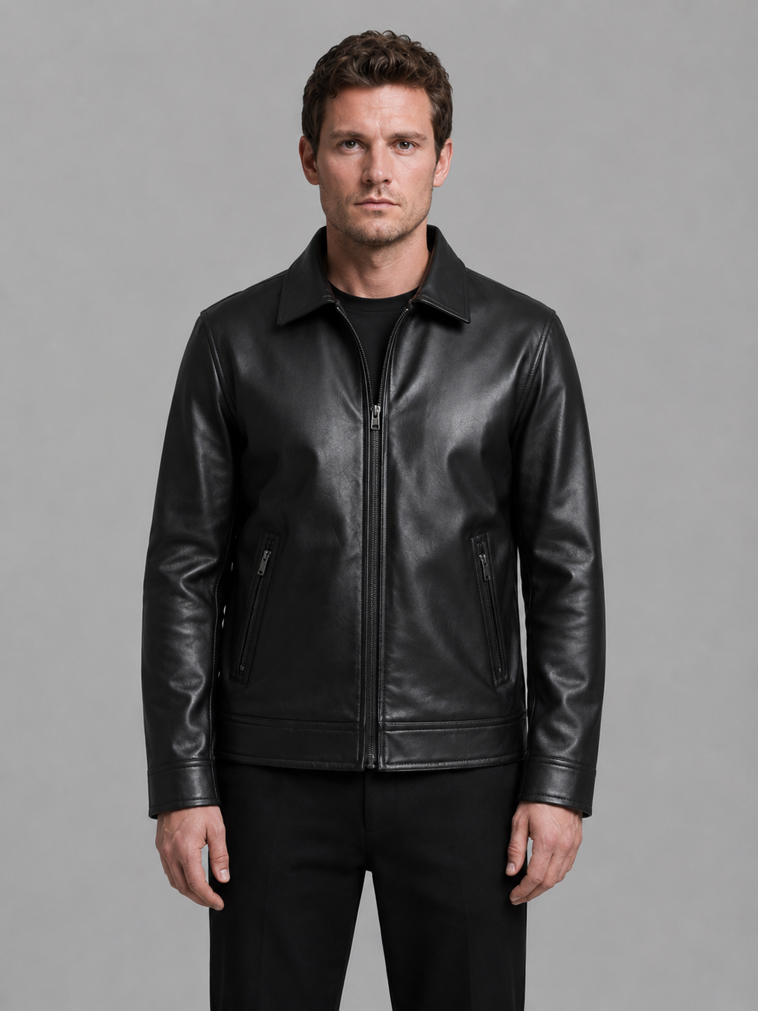 Men's Leather Look Jacket with Zip Pockets – Classic Regular Fit