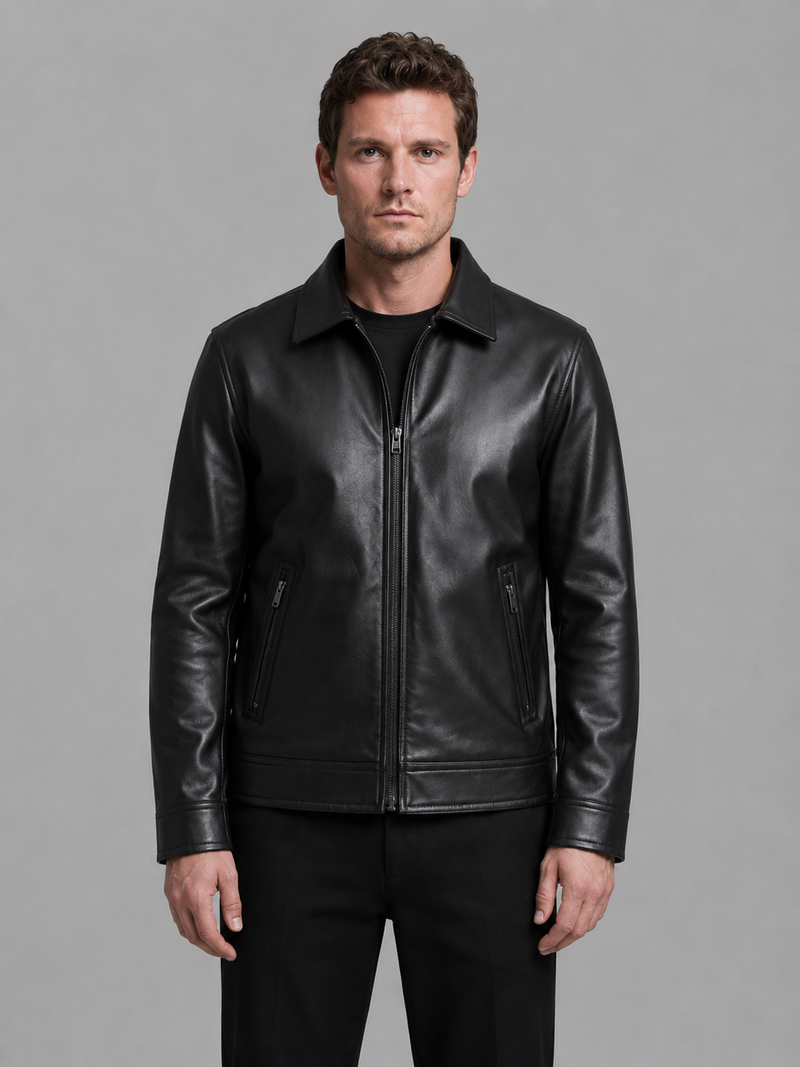 Men's Leather Look Jacket with Zip Pockets – Classic Regular Fit