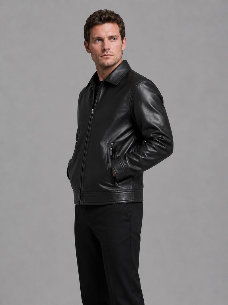 Men's Leather Look Jacket with Zip Pockets – Classic Regular Fit