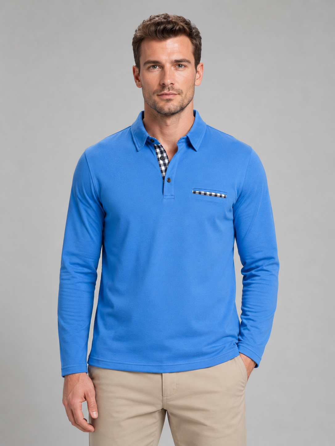 Men's Long Sleeve Polo Shirt – Gingham Trim Casual Shirt