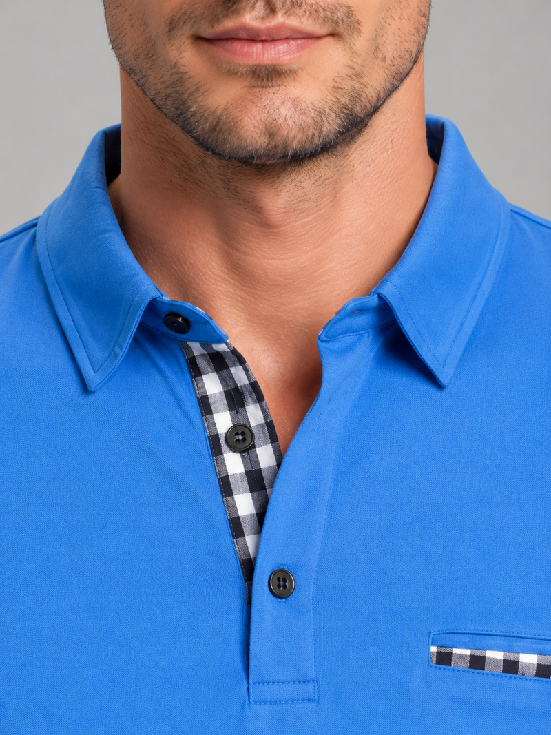 Men's Long Sleeve Polo Shirt – Gingham Trim Casual Shirt