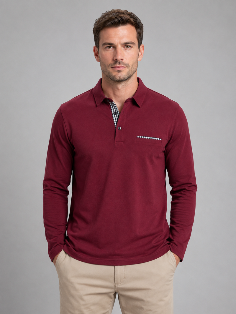 Men's Long Sleeve Polo Shirt – Gingham Trim Casual Shirt
