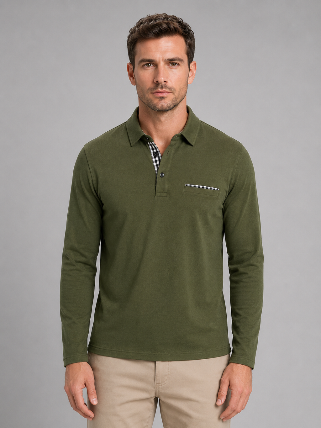Men's Long Sleeve Polo Shirt – Gingham Trim Casual Shirt