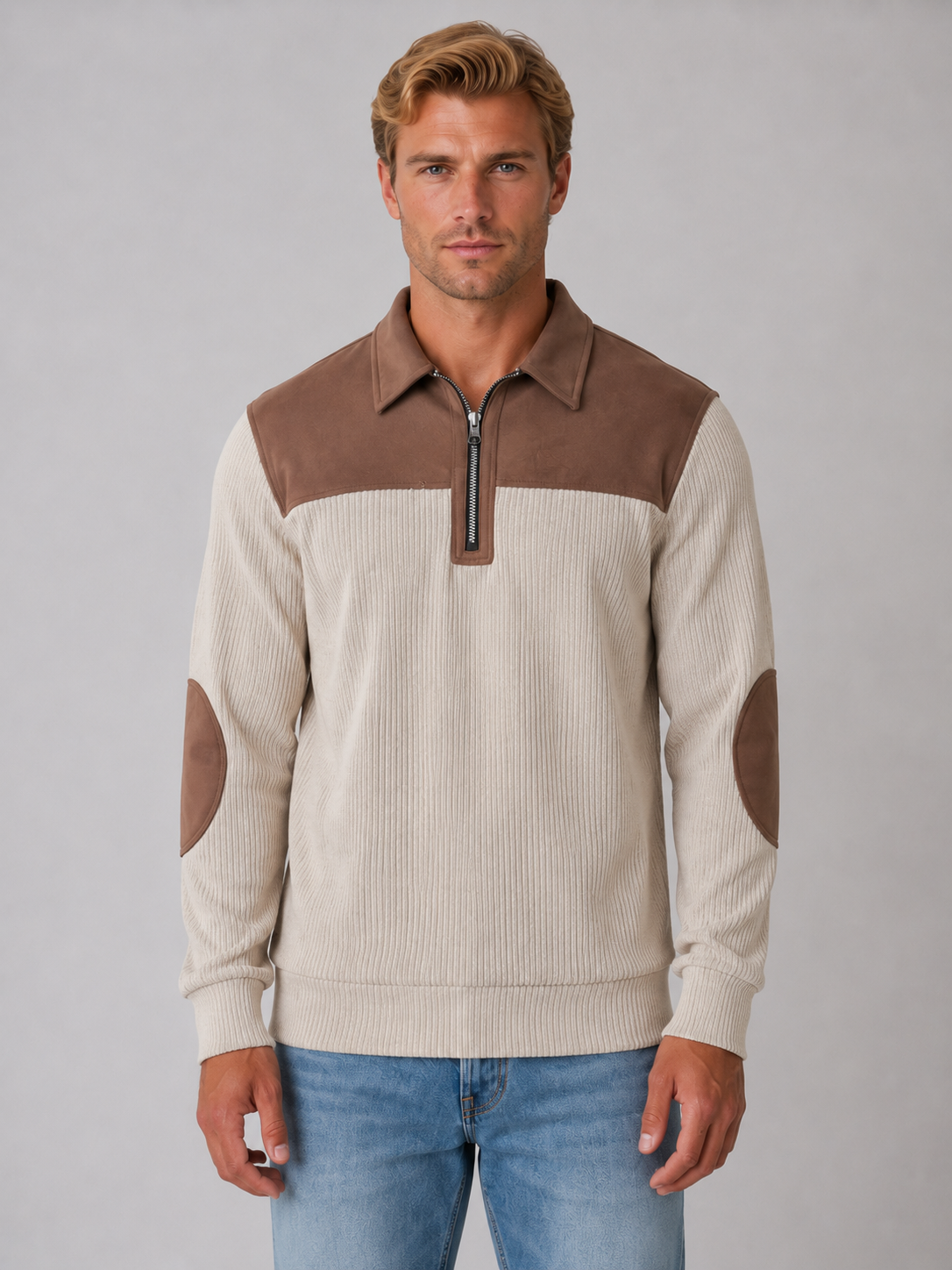 Men’s Quarter Zip Sweater – Ribbed Pullover with Elbow Patches