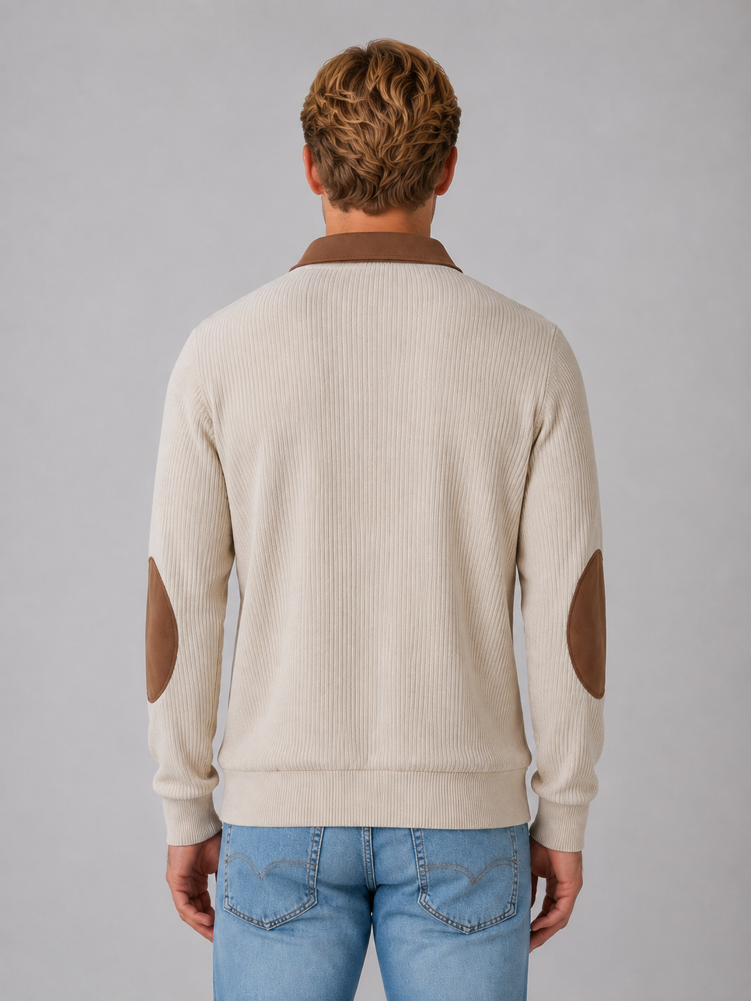 Men’s Quarter Zip Sweater – Ribbed Pullover with Elbow Patches