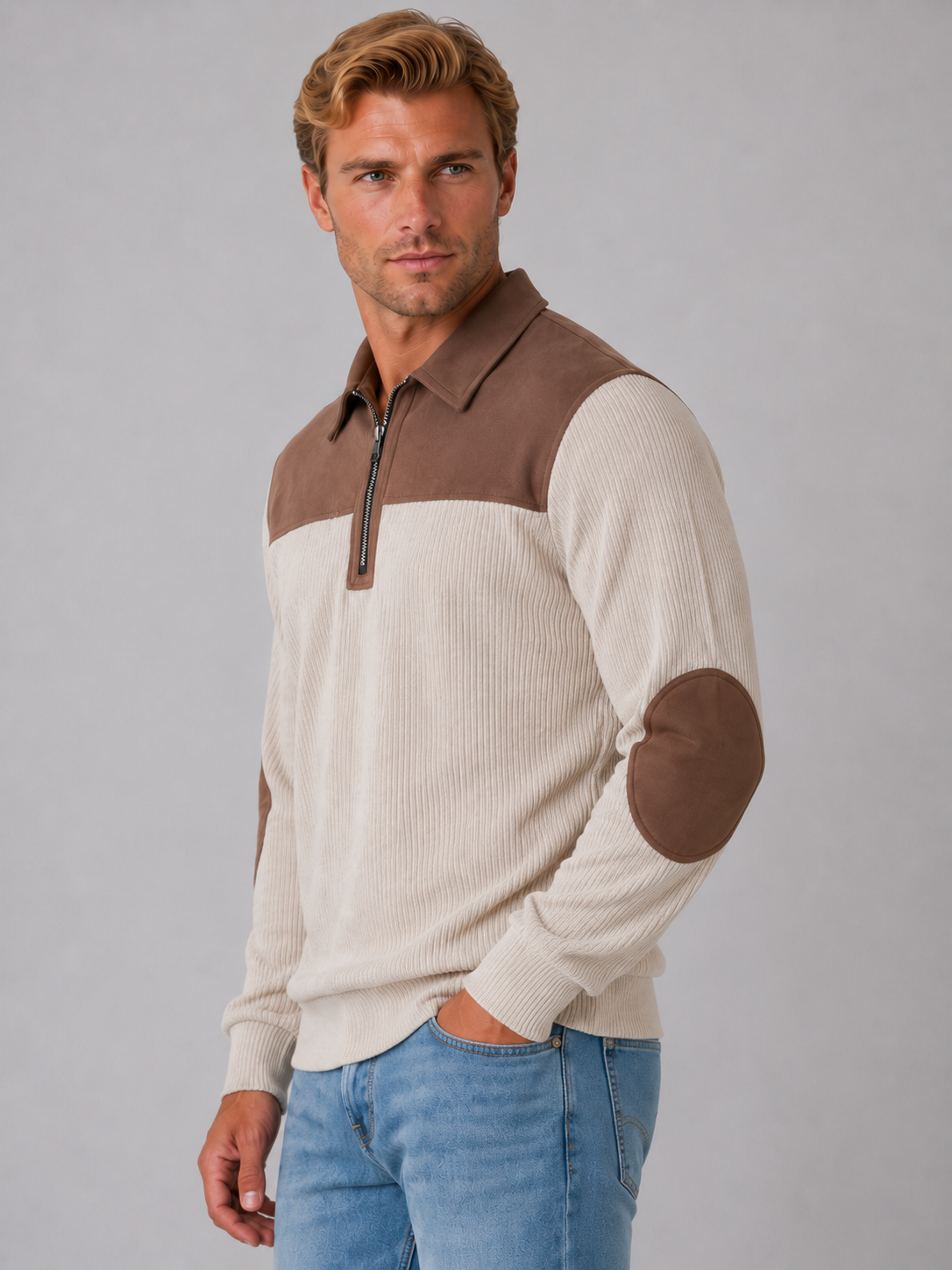 Men’s Quarter Zip Sweater – Ribbed Pullover with Elbow Patches