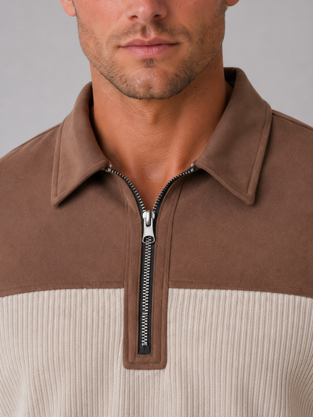 Men’s Quarter Zip Sweater – Ribbed Pullover with Elbow Patches