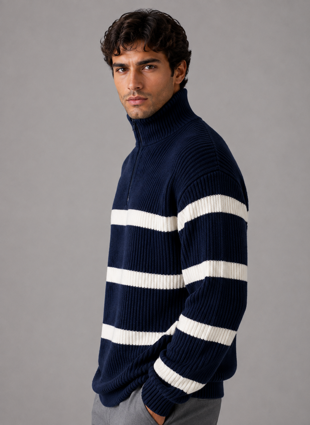 Men’s Striped Half Zip Sweater – Oversized Ribbed Knit Pullover
