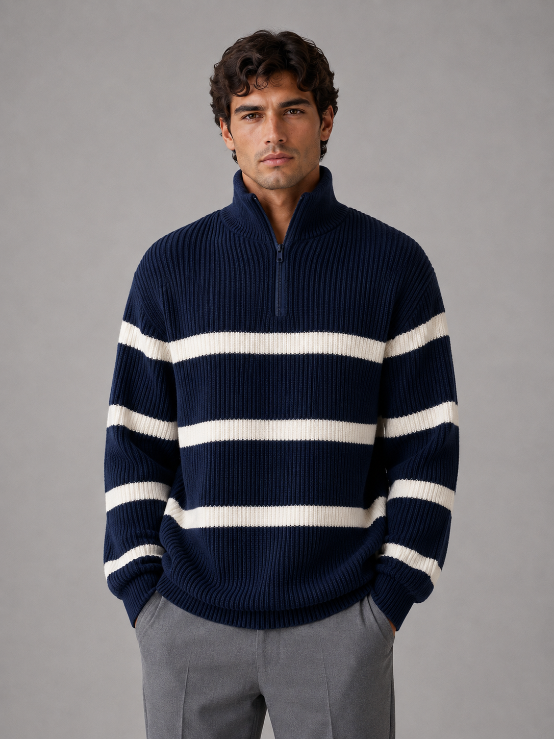 Men’s Striped Half Zip Sweater – Oversized Ribbed Knit Pullover