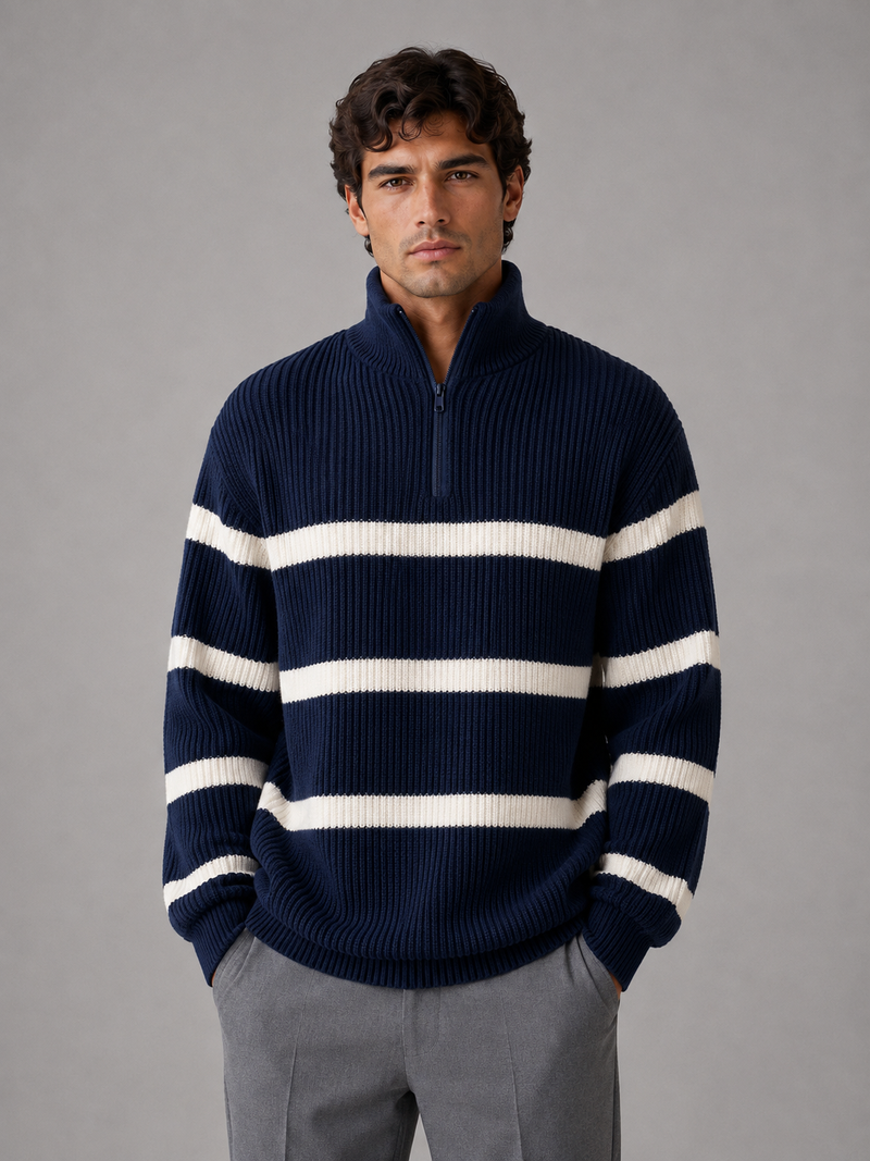 Men’s Striped Half Zip Sweater – Oversized Ribbed Knit Pullover