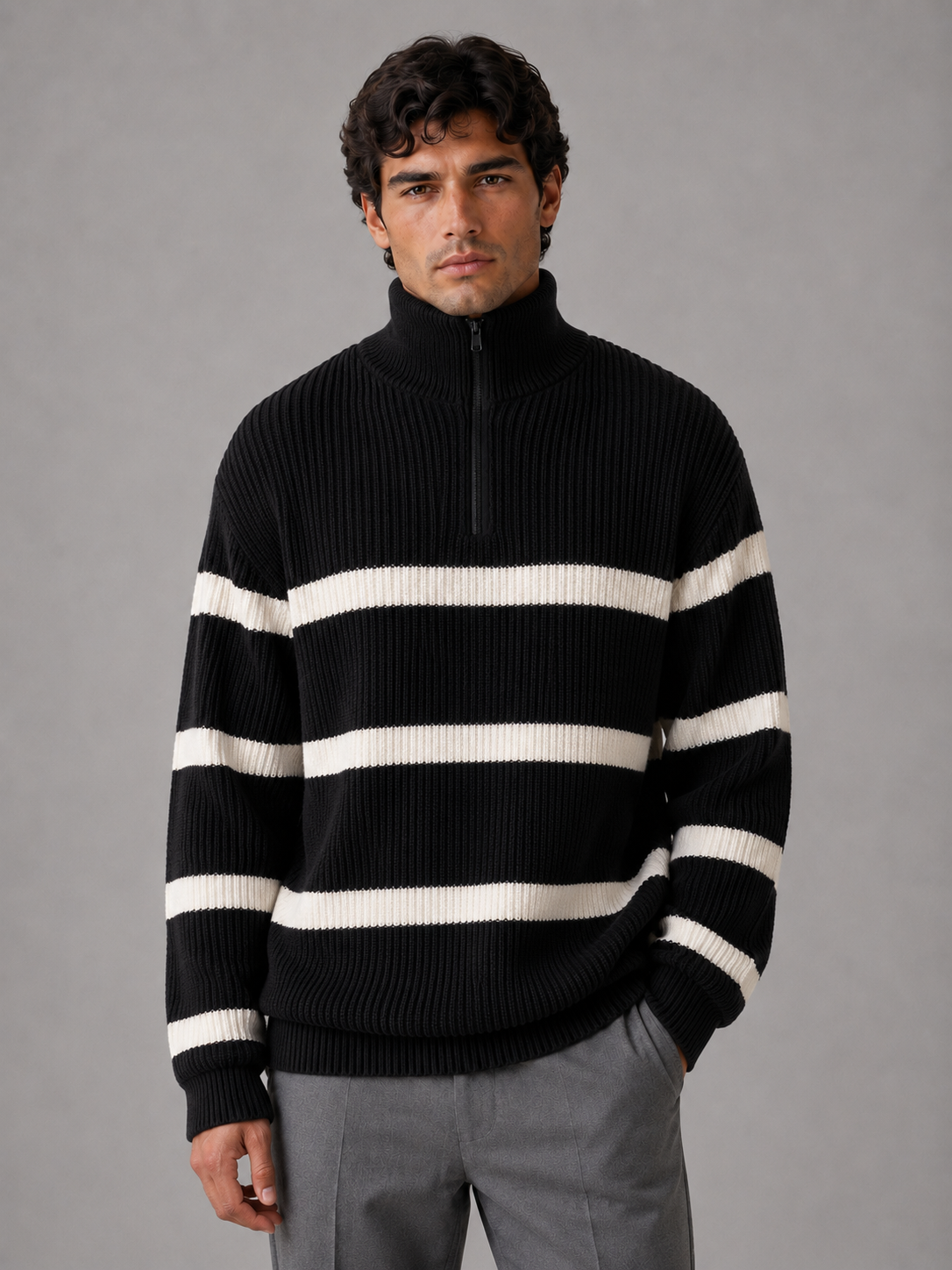 Men’s Striped Half Zip Sweater – Oversized Ribbed Knit Pullover