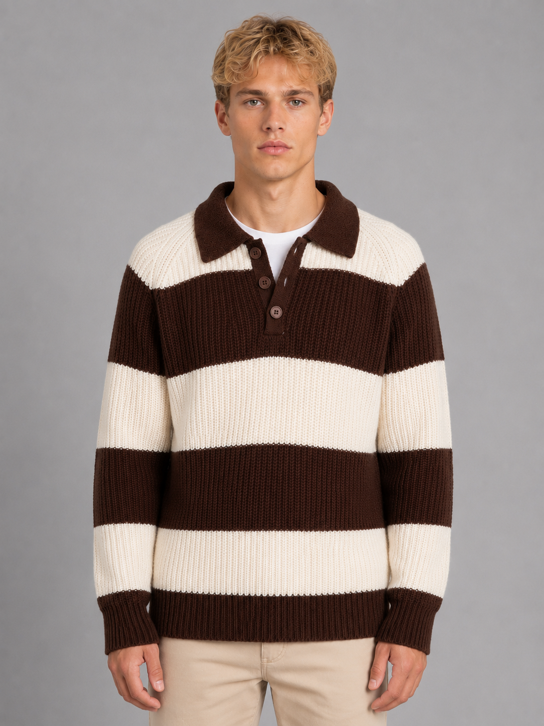 Men's Striped Knit Polo Sweater – Button Neck Ribbed Knit