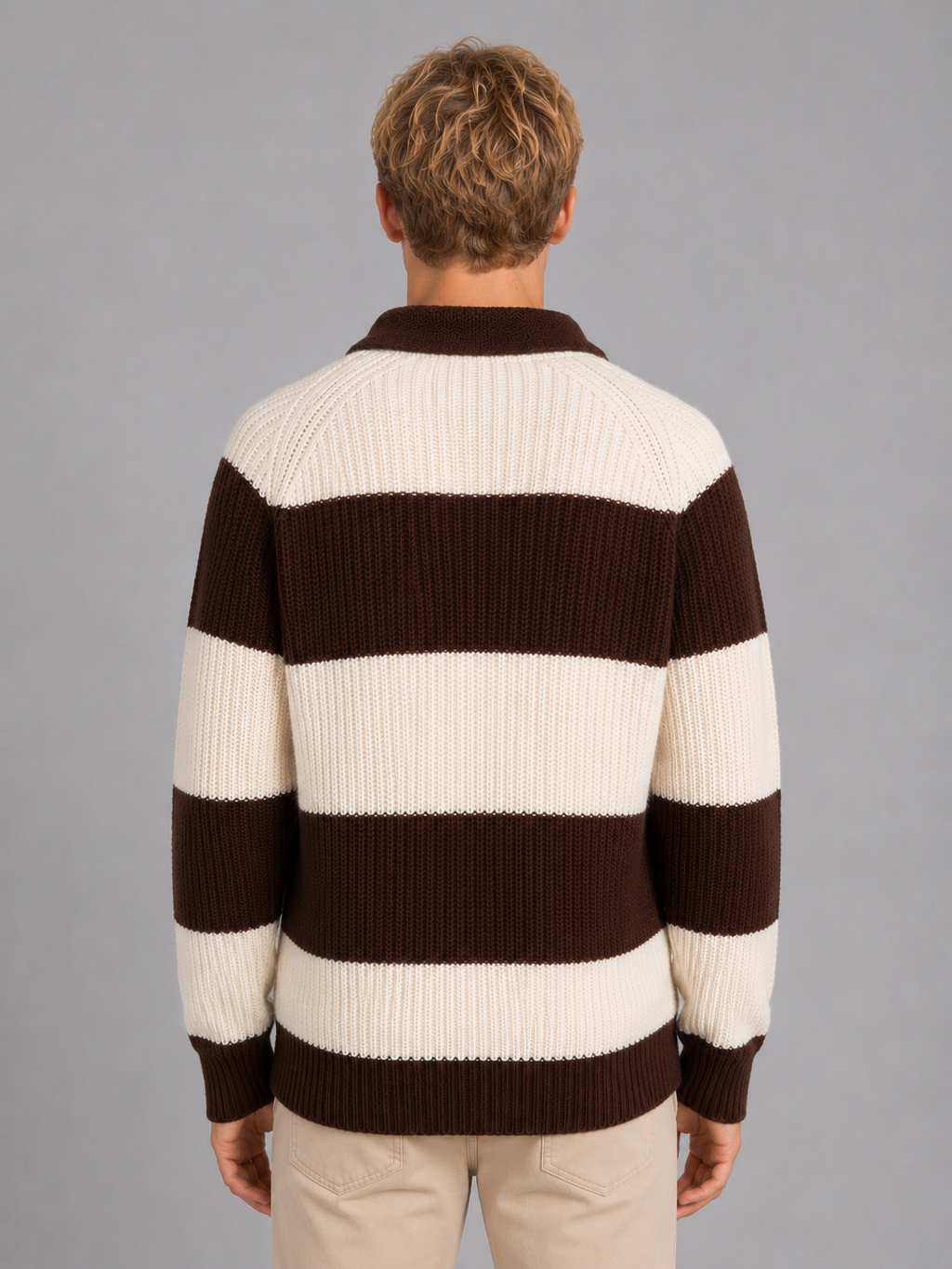 Men's Striped Knit Polo Sweater – Button Neck Ribbed Knit