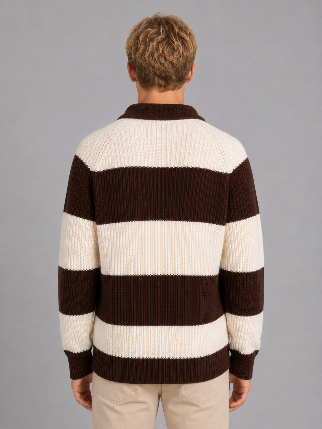 Men's Striped Knit Polo Sweater – Button Neck Ribbed Knit