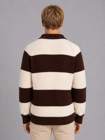 Men's Striped Knit Polo Sweater – Button Neck Ribbed Knit
