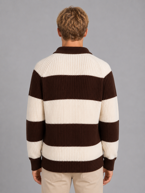 Men's Striped Knit Polo Sweater – Button Neck Ribbed Knit