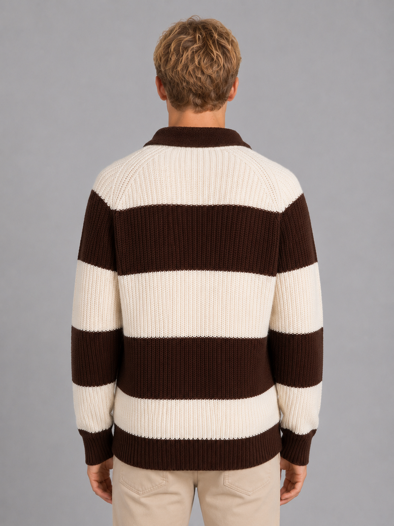 Men's Striped Knit Polo Sweater – Button Neck Ribbed Knit