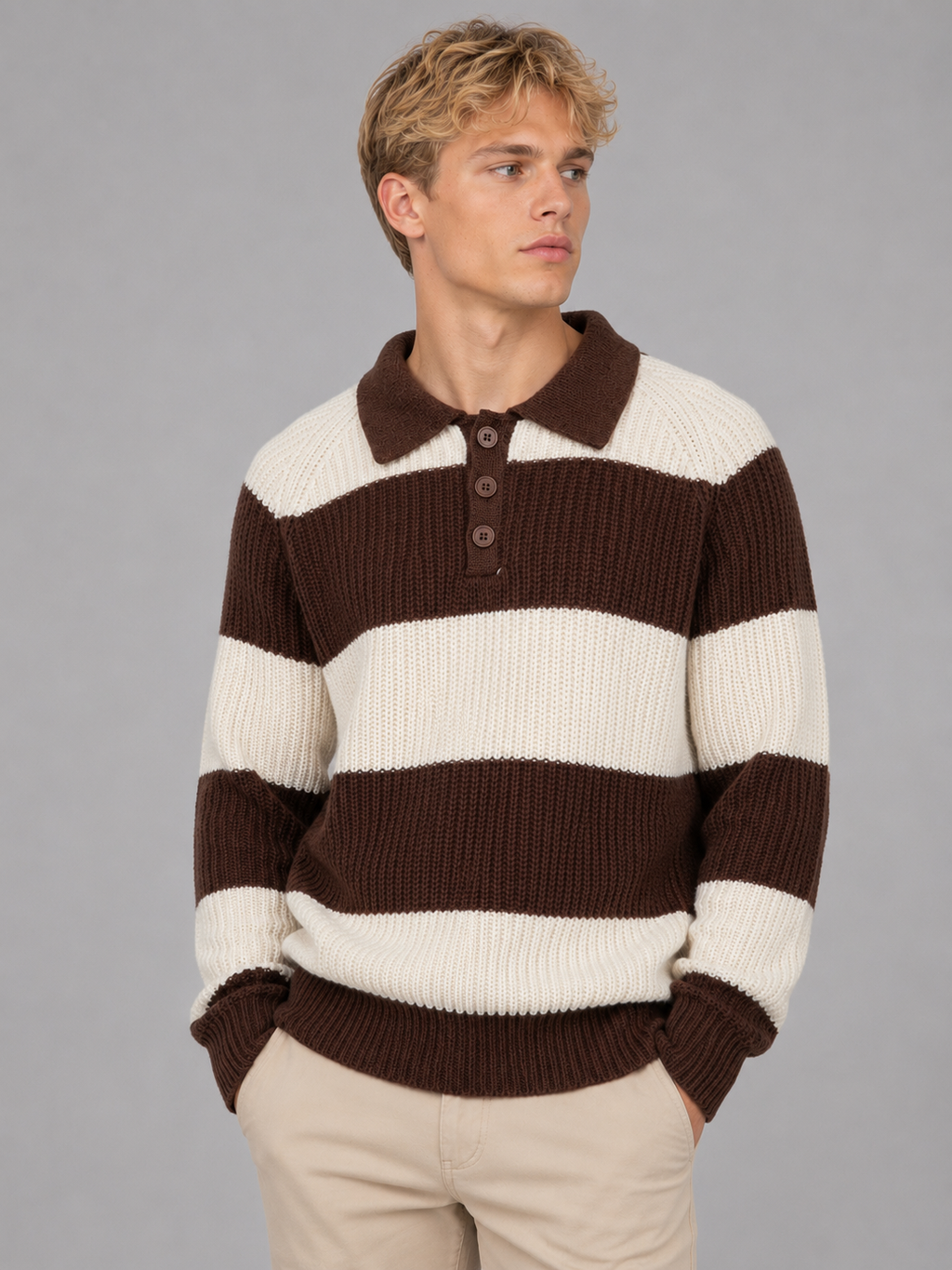 Men's Striped Knit Polo Sweater – Button Neck Ribbed Knit