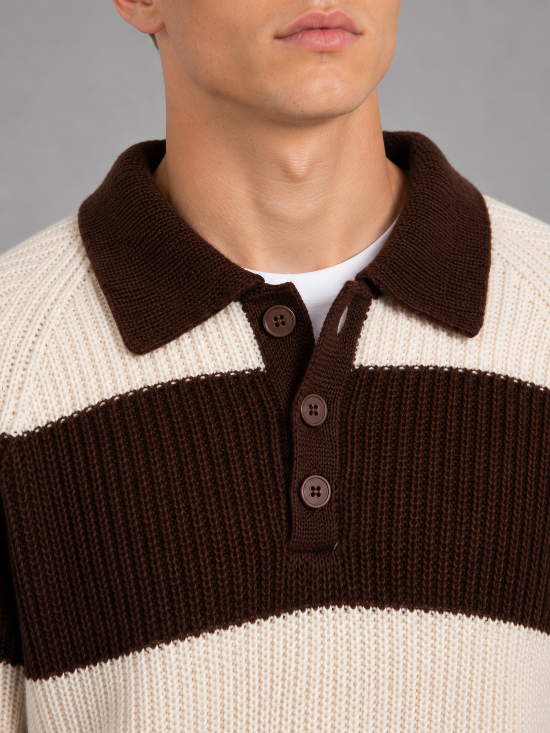 Men's Striped Knit Polo Sweater – Button Neck Ribbed Knit