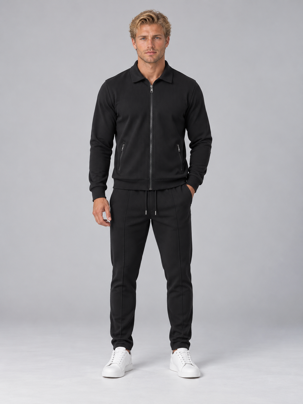Men’s Textured Tracksuit – Full Zip Jacket & Jogger Pants Set