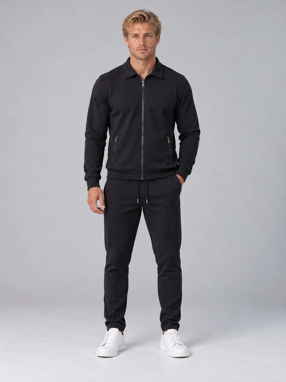 Men’s Textured Tracksuit – Full Zip Jacket & Jogger Pants Set