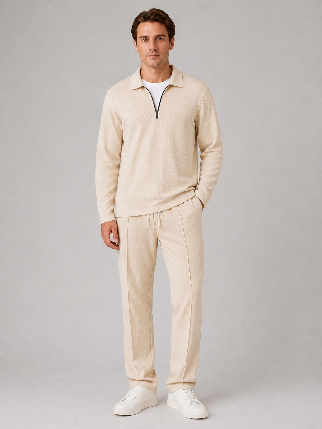 Men’s Two-Piece Quarter-Zip Polo & Pants Set – Textured Smart Casual Co-Ord