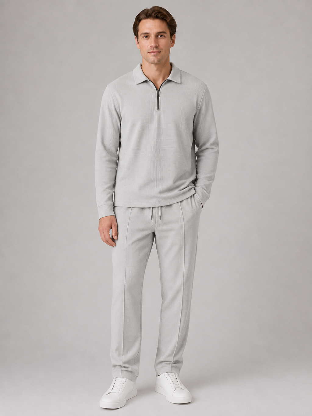 Men’s Two-Piece Quarter-Zip Polo & Pants Set – Textured Smart Casual Co-Ord