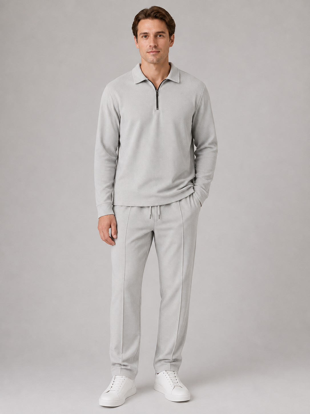 Men’s Two-Piece Quarter-Zip Polo & Pants Set – Textured Smart Casual Co-Ord