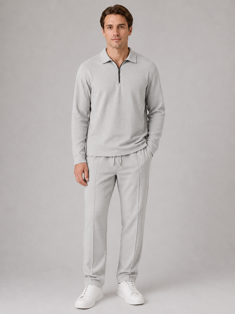 Men’s Two-Piece Quarter-Zip Polo & Pants Set – Textured Smart Casual Co-Ord