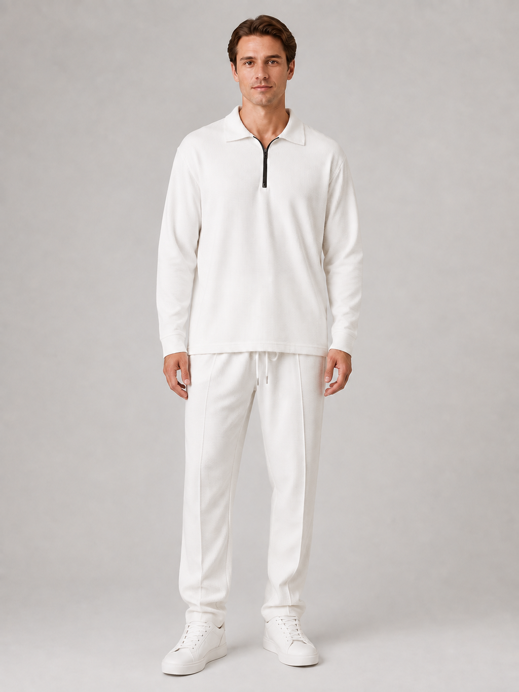 Men’s Two-Piece Quarter-Zip Polo & Pants Set – Textured Smart Casual Co-Ord