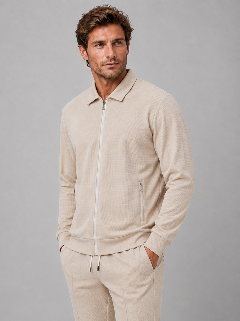 Men’s Two-Piece Zip Jacket & Pants Set – Textured Smart Casual Co-Ord