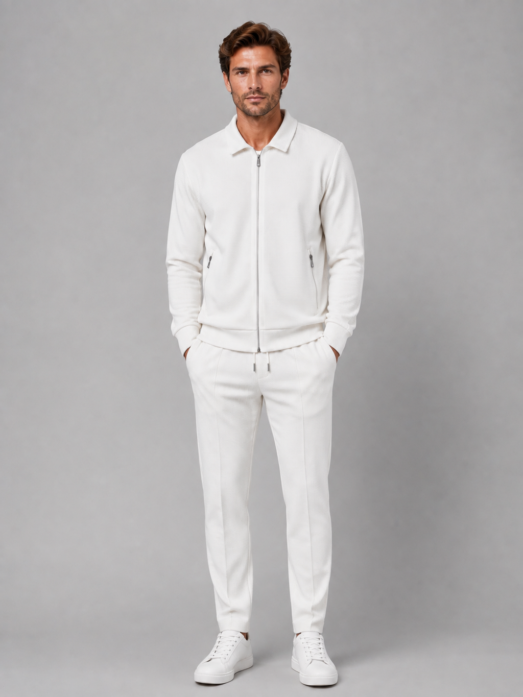 Men’s Two-Piece Zip Jacket & Pants Set – Textured Smart Casual Co-Ord