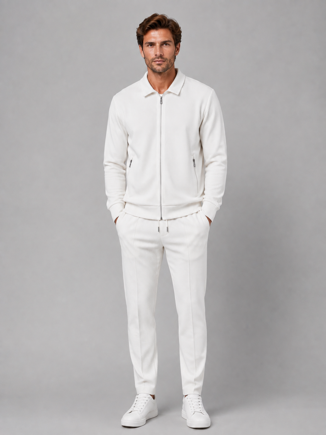 Men’s Two-Piece Zip Jacket & Pants Set – Textured Smart Casual Co-Ord
