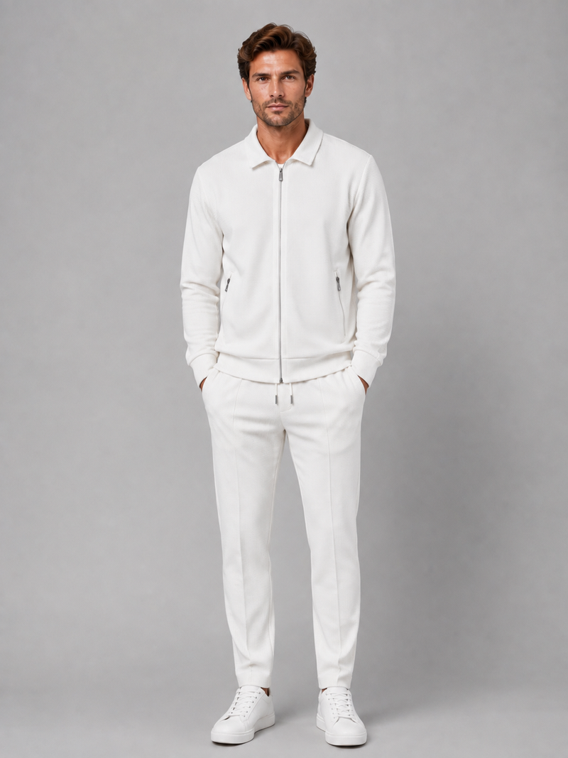 Men’s Two-Piece Zip Jacket & Pants Set – Textured Smart Casual Co-Ord