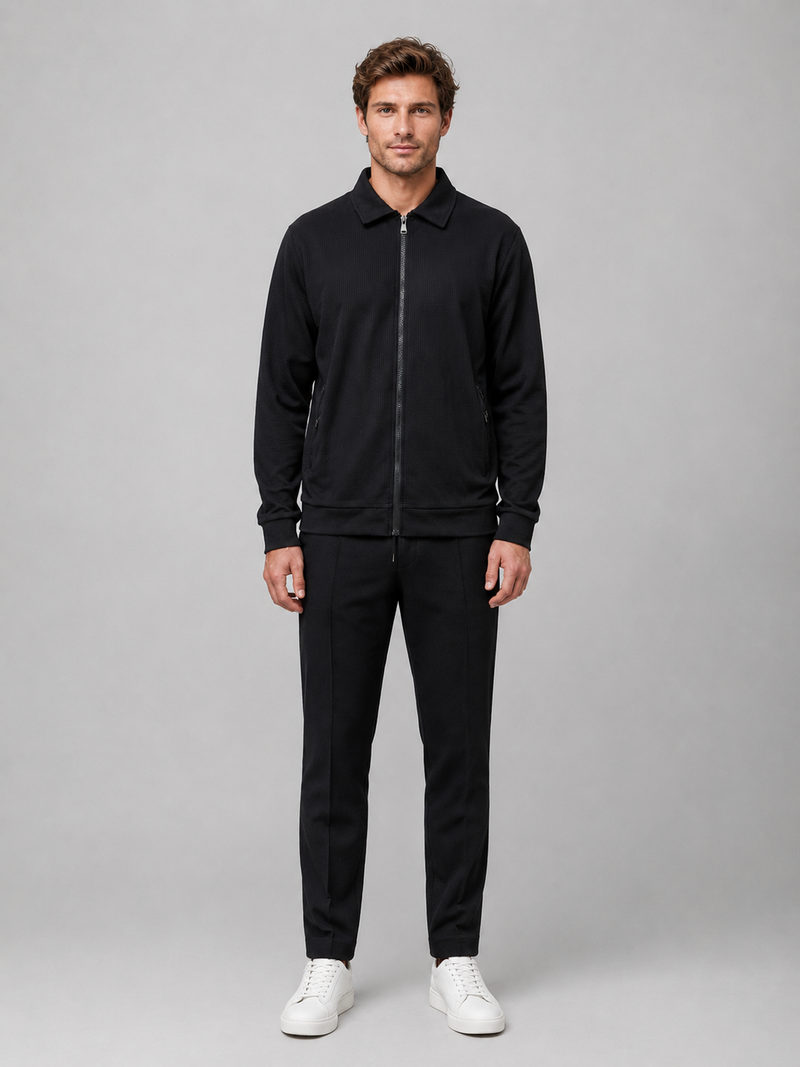 Men’s Two-Piece Zip Jacket & Pants Set – Textured Smart Casual Co-Ord