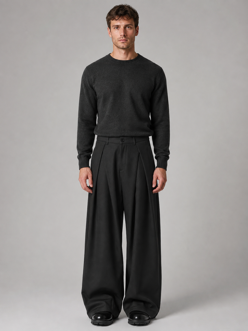 Men’s Pleated Wide Leg Pants – Tailored Baggy Fit Trousers