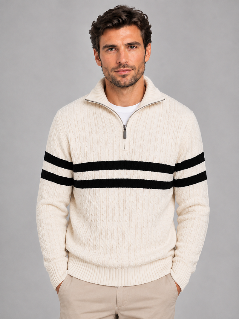 Men’s Wool Cable Knit Half-Zip Sweater – Striped High Neck Pullover