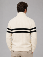 Men’s Wool Cable Knit Half-Zip Sweater – Striped High Neck Pullover
