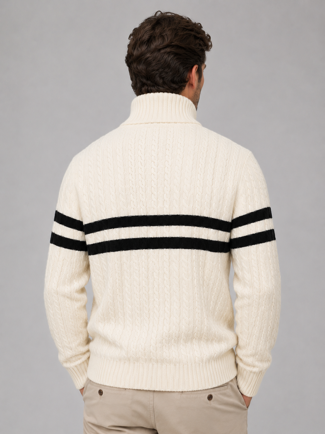 Men’s Wool Cable Knit Half-Zip Sweater – Striped High Neck Pullover