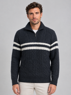 Men’s Wool Cable Knit Half-Zip Sweater – Striped High Neck Pullover