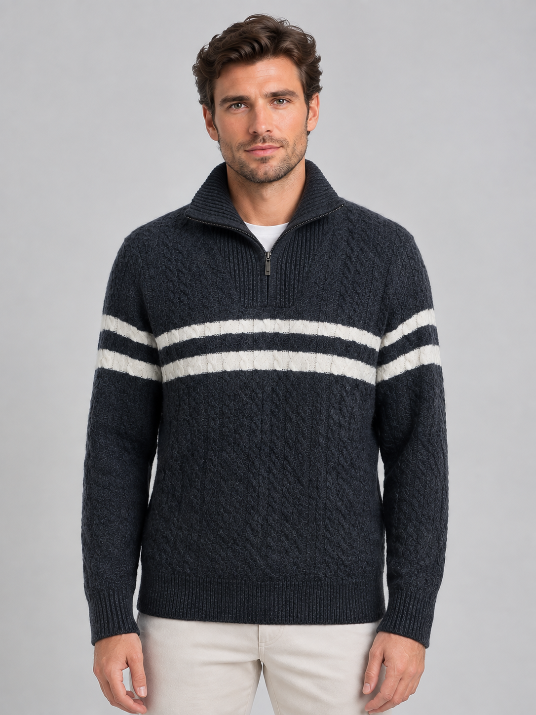 Men’s Wool Cable Knit Half-Zip Sweater – Striped High Neck Pullover