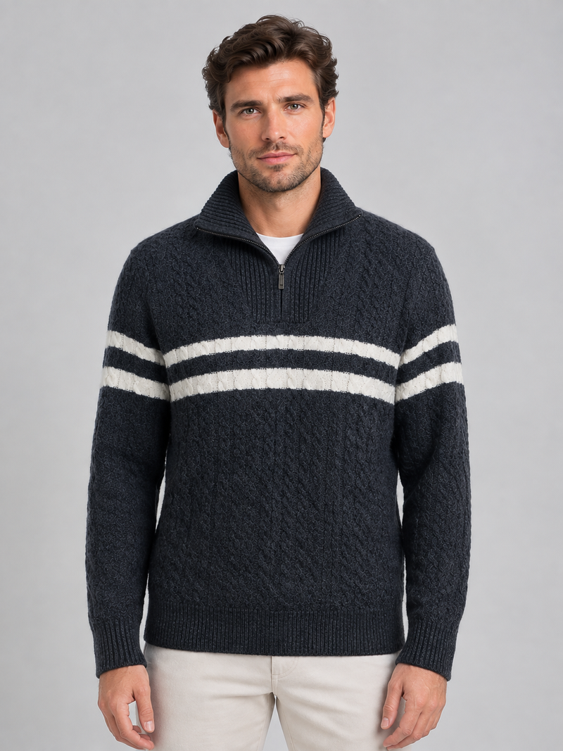 Men’s Wool Cable Knit Half-Zip Sweater – Striped High Neck Pullover