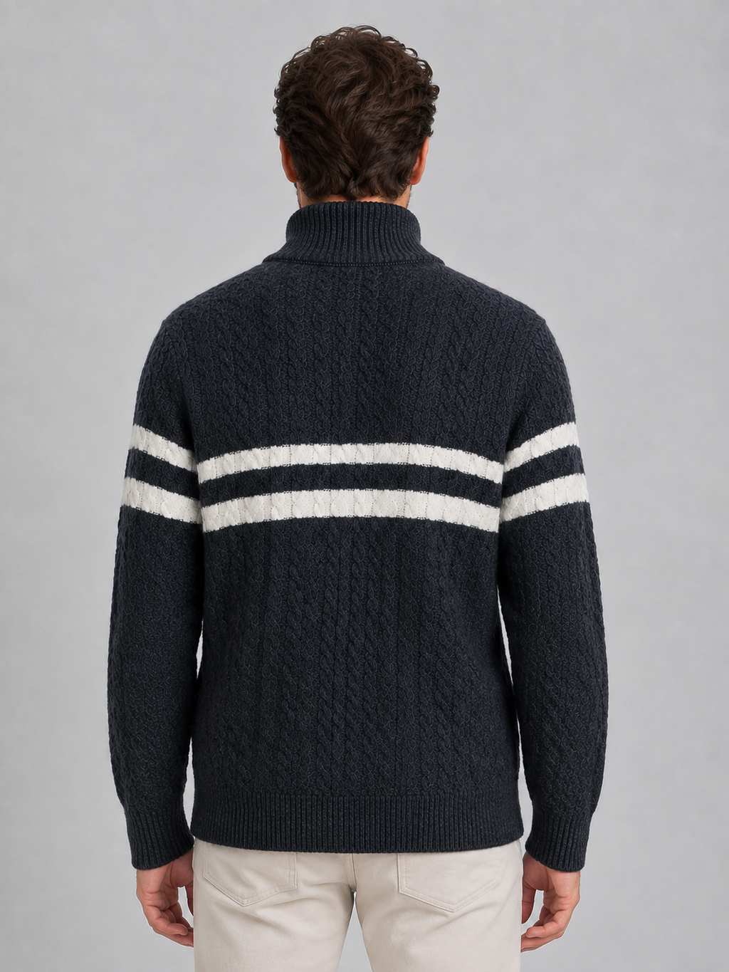 Men’s Wool Cable Knit Half-Zip Sweater – Striped High Neck Pullover