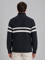 Men’s Wool Cable Knit Half-Zip Sweater – Striped High Neck Pullover