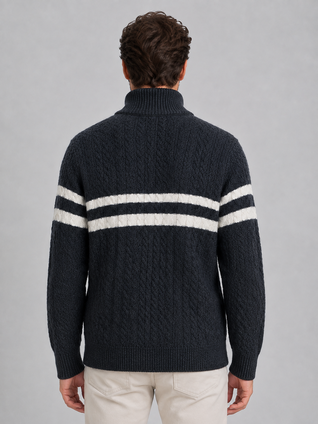 Men’s Wool Cable Knit Half-Zip Sweater – Striped High Neck Pullover