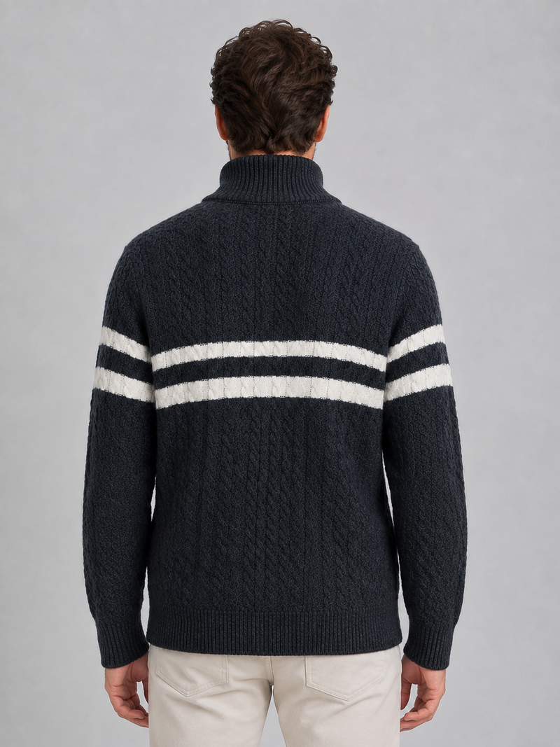 Men’s Wool Cable Knit Half-Zip Sweater – Striped High Neck Pullover