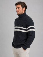 Men’s Wool Cable Knit Half-Zip Sweater – Striped High Neck Pullover