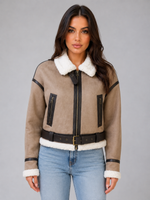 Women's Suede Look Cropped Aviator Jacket – Teddy Lined Biker Coat